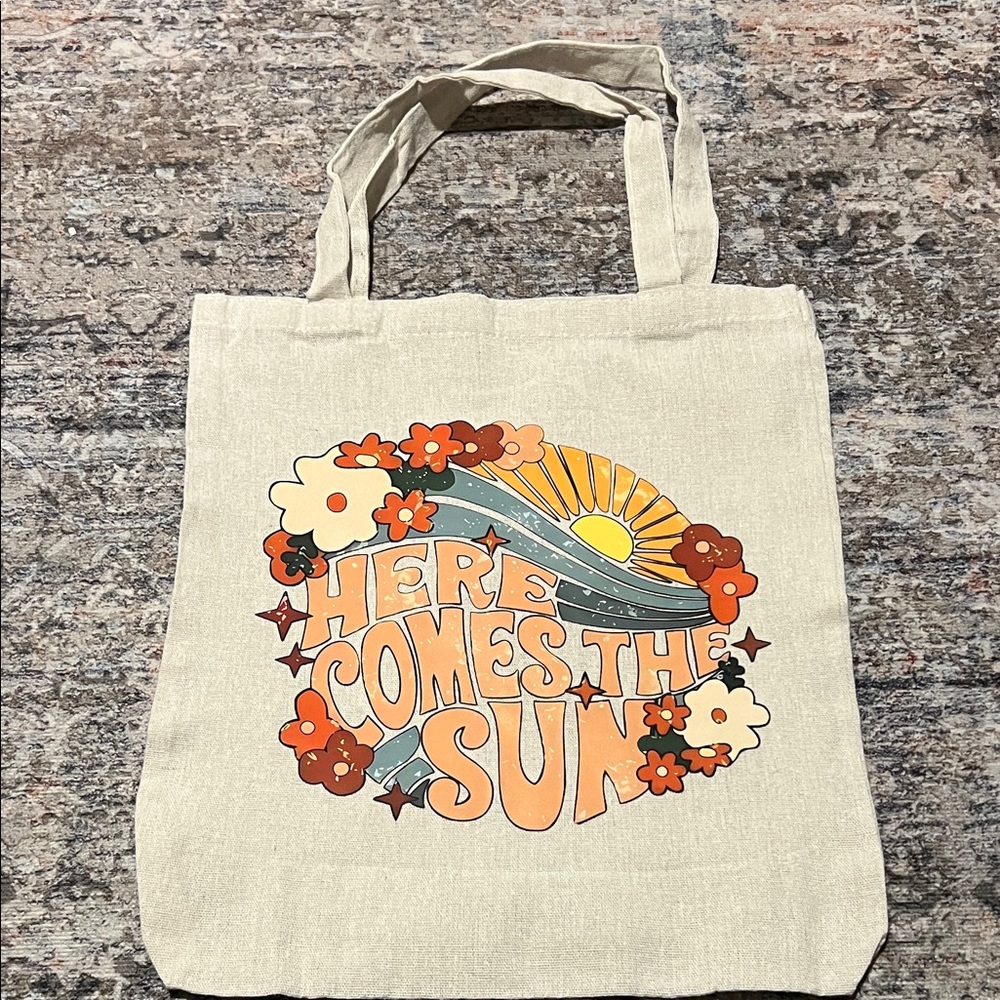 Beige Tote Bag with Retro Sun Design